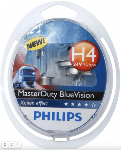 Лампы к-т PHILIPS 24V H4 75/70W Master Duty Blue Vision +30% Виброустойчивые 13342MDBVS2